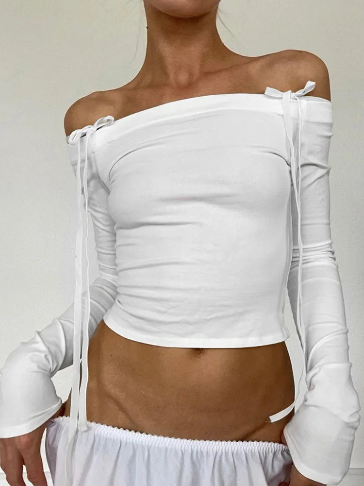 Sexy Bow Off-Shoulder Skinny Long Sleeve Top