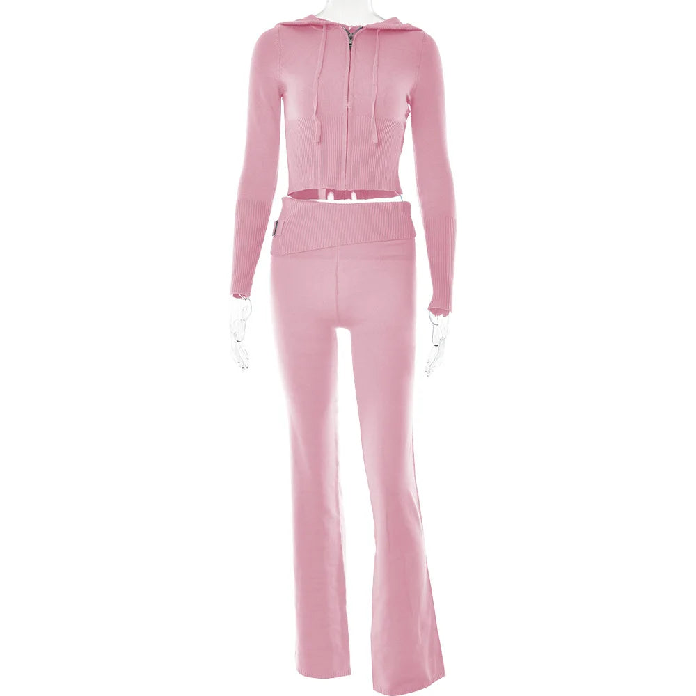 Solid Knitted 2-Piece Tracksuit Set