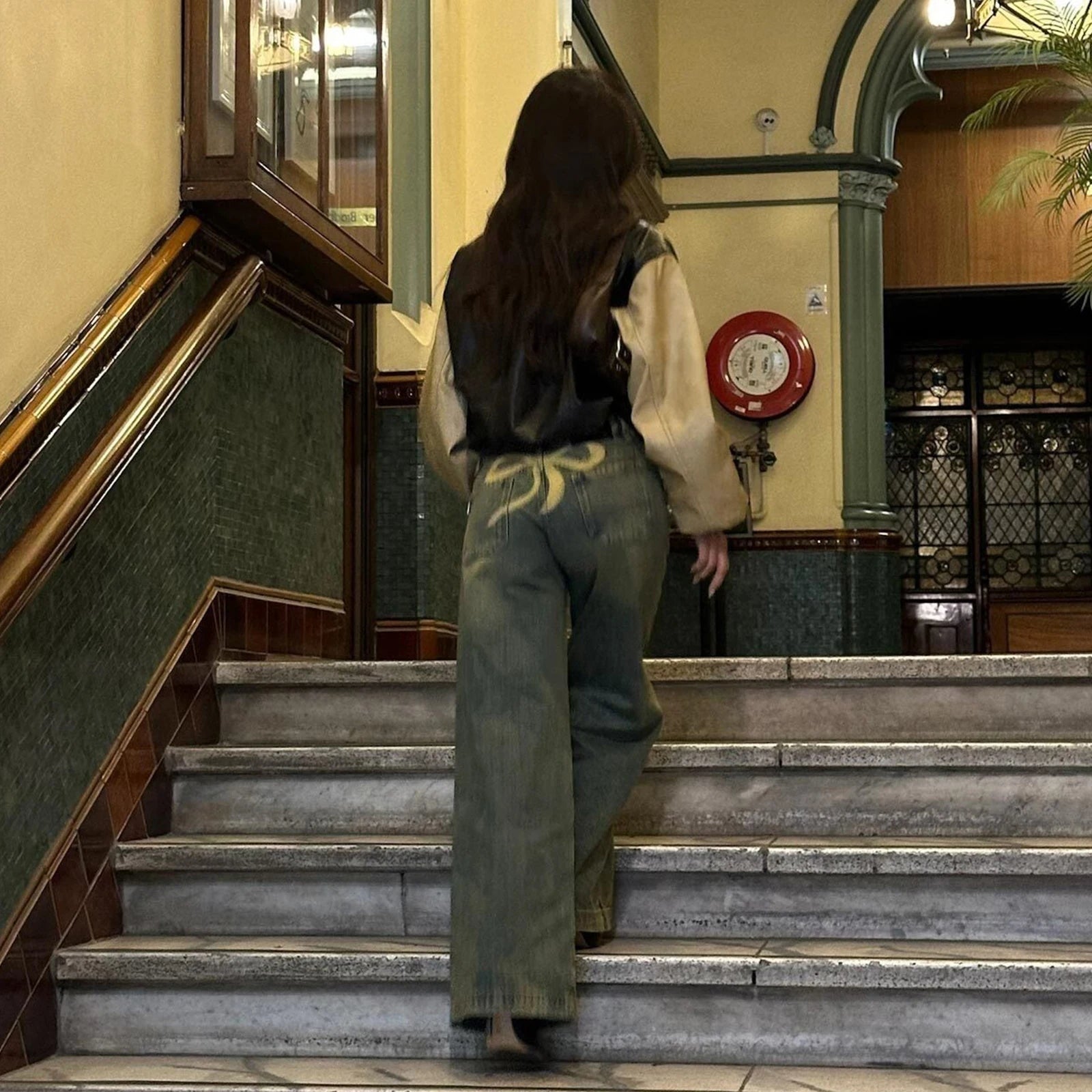 Vintage Loose Fit Bow-Print Wide Leg Jeans