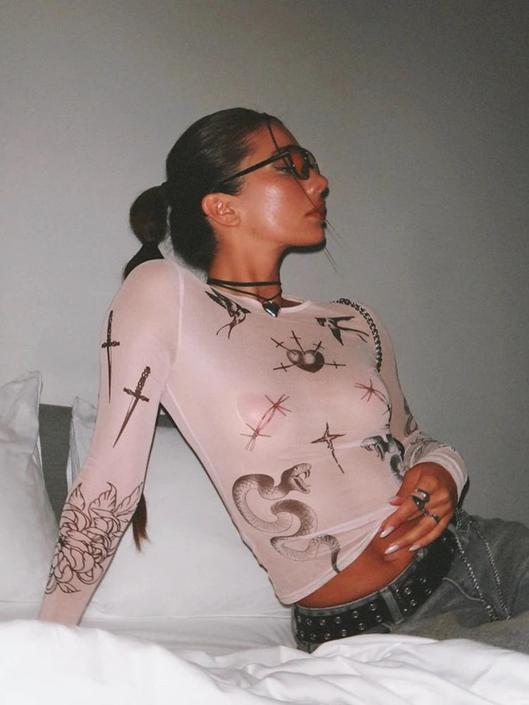 O-Neck Long Sleeve Slim Fit See-Through T-Shirt