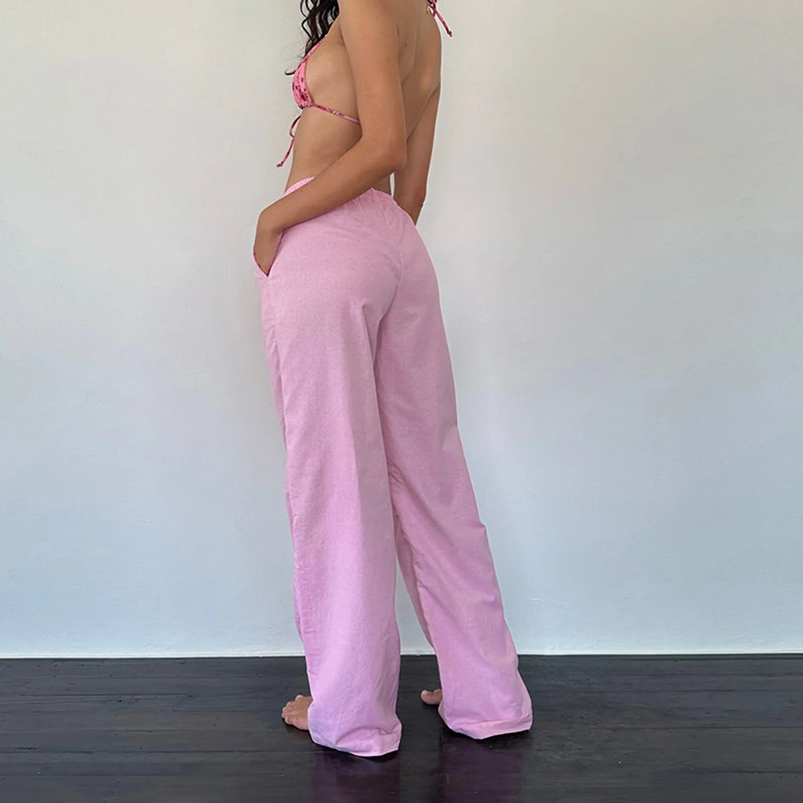 Plaid & Solid Color Wide-Leg Drawstring Pants