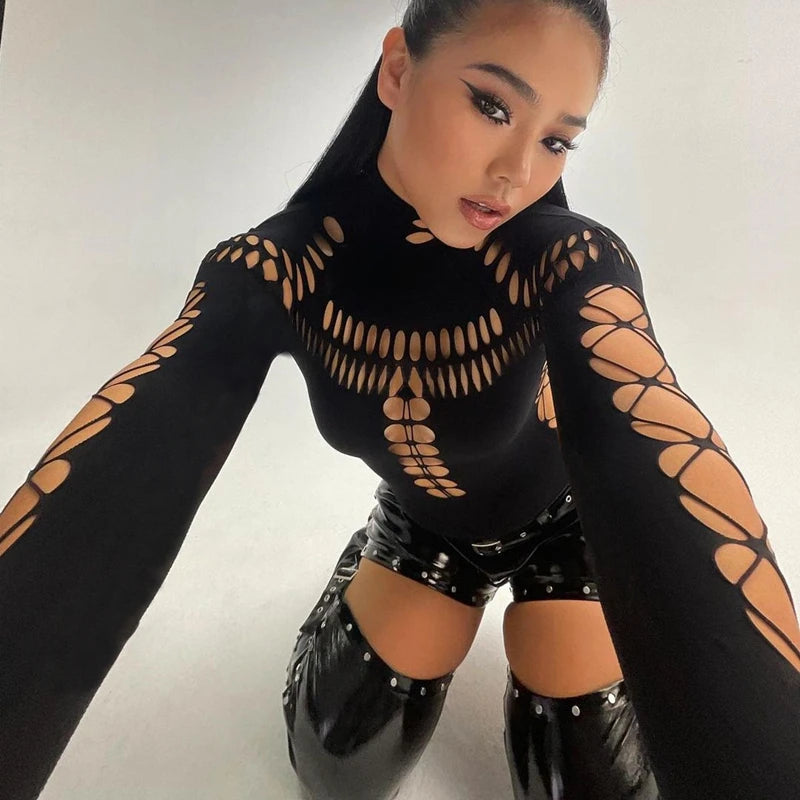 Sexy Hollow-Out High Collar Bodysuit