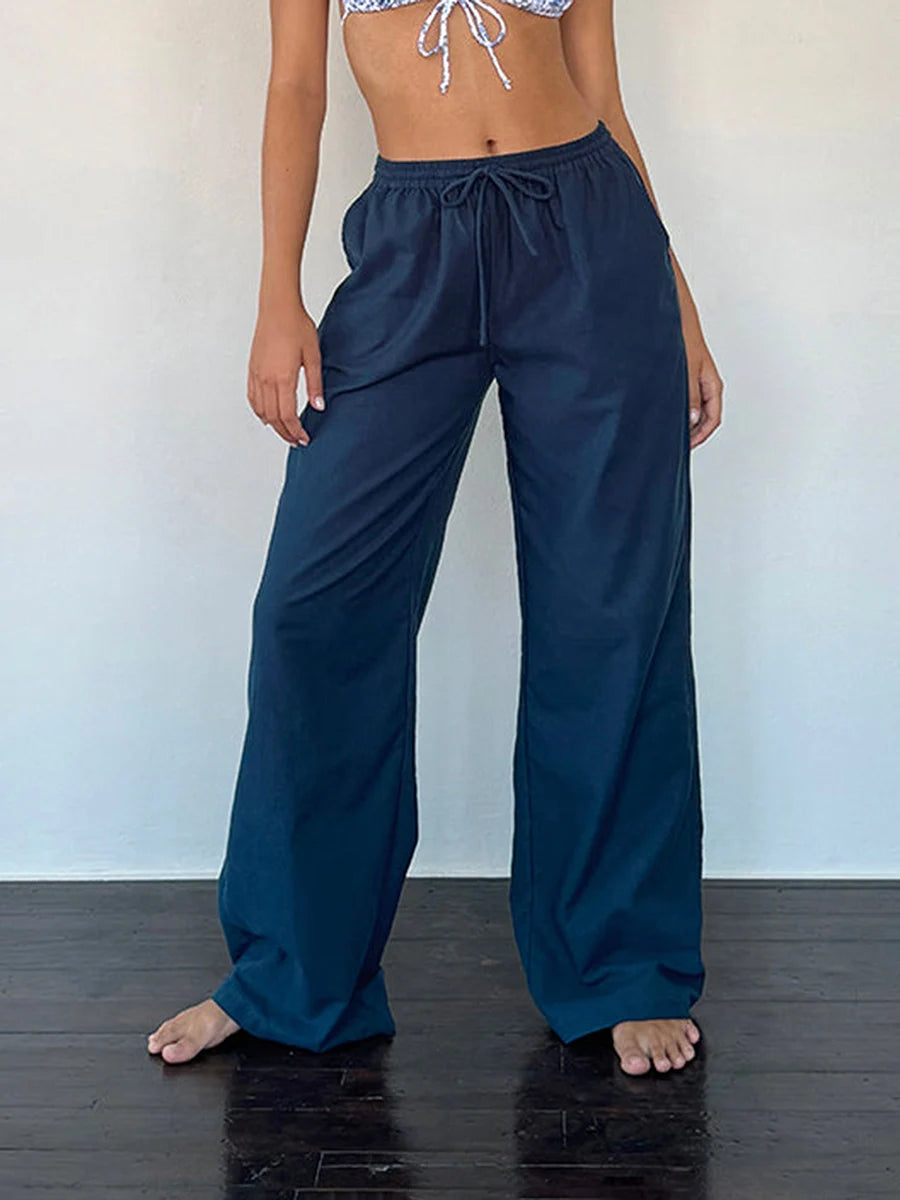 Plaid & Solid Color Wide-Leg Drawstring Pants