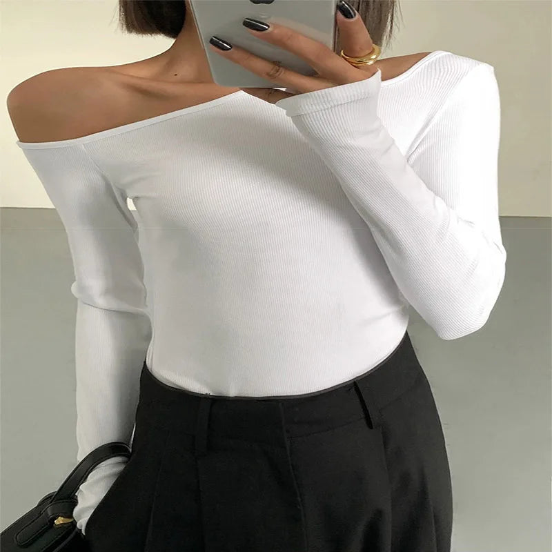 Skew Collar Off-Shoulder Slim Crop Top