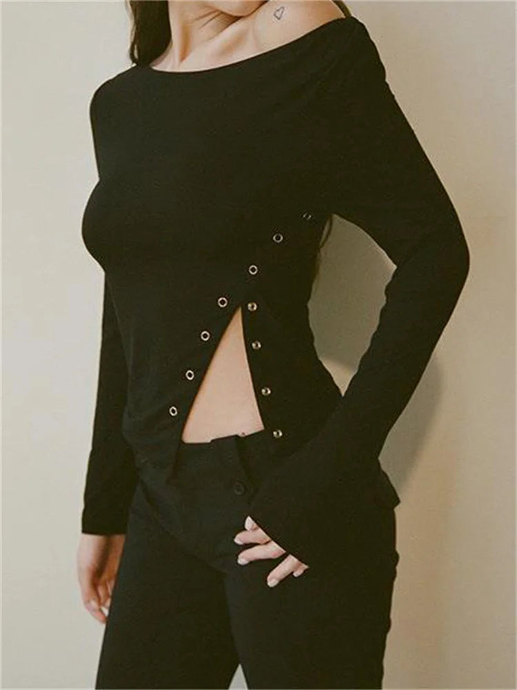 Fantoye Asymmetrical Slit Long Sleeve Top