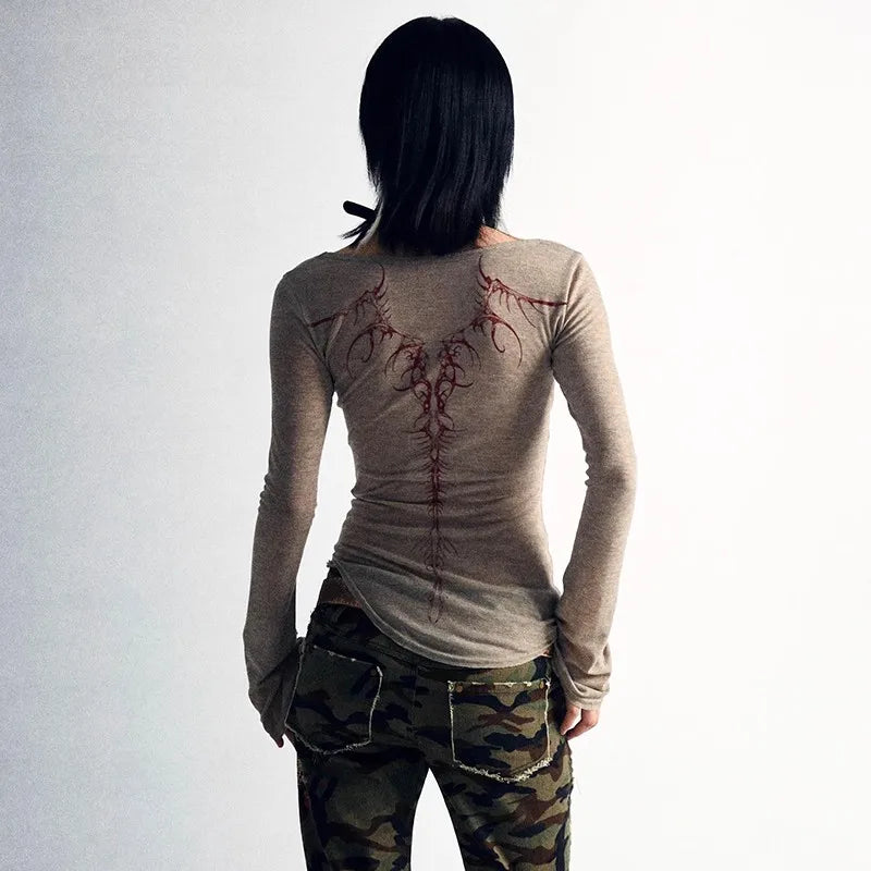 Grunge Tattoo Print Knitted Irregular Tee