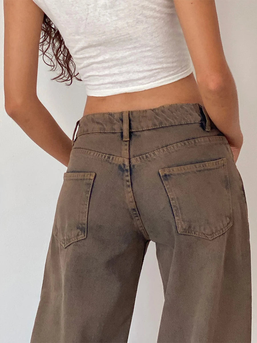 Y2K Vintage Zipper Button Low-Waist Baggy Jeans