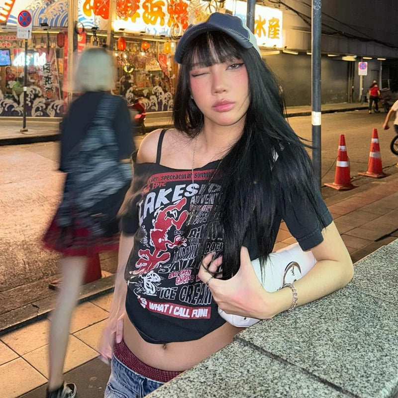 Y2K Letter Print Off-Shoulder Tee