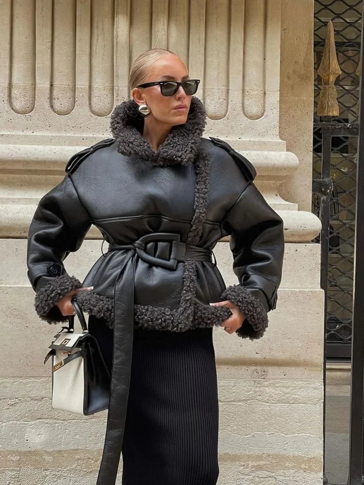 Leather Lamb Wool Lady Jacket