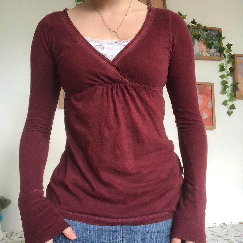 Grunge Burgundy V-Neck Long Sleeve Tee