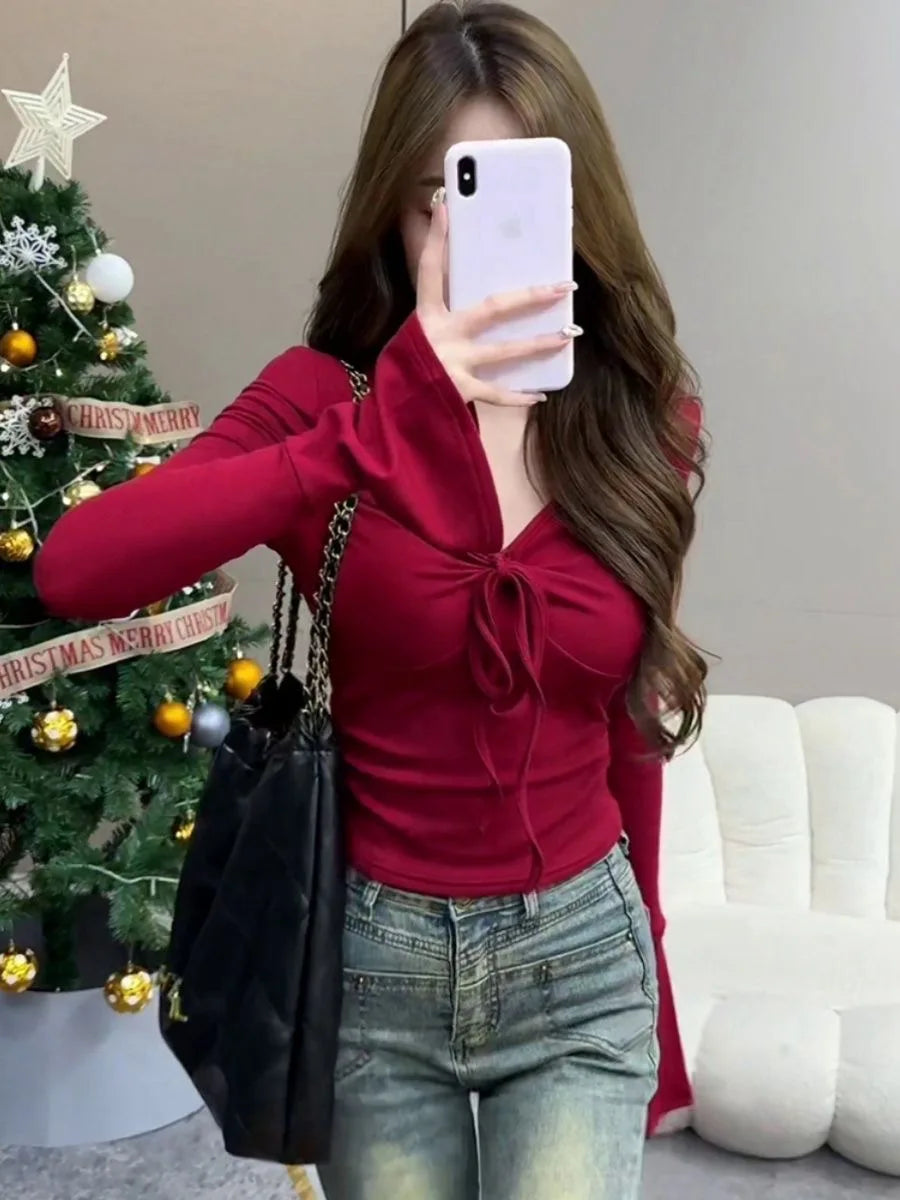 V-Neck Bandage Slim Fit Long Sleeve Top