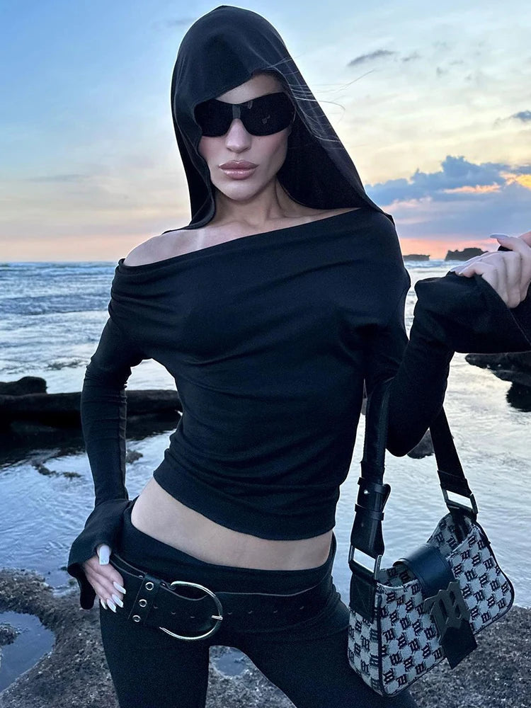 Gothic Hooded Cropped Long Sleeve T-Shirt