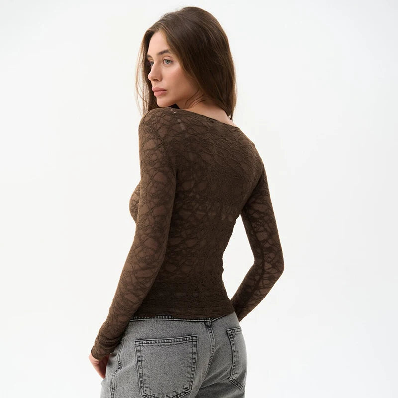 Lace Hollow-Out See-Through Long Sleeve Top