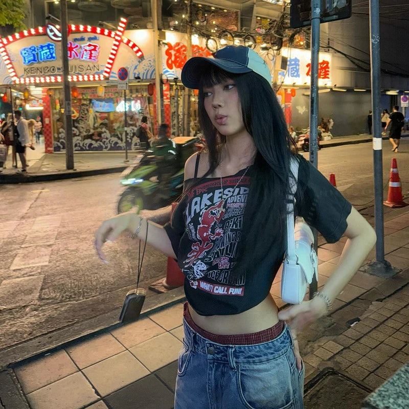 Y2K Letter Print Off-Shoulder Tee