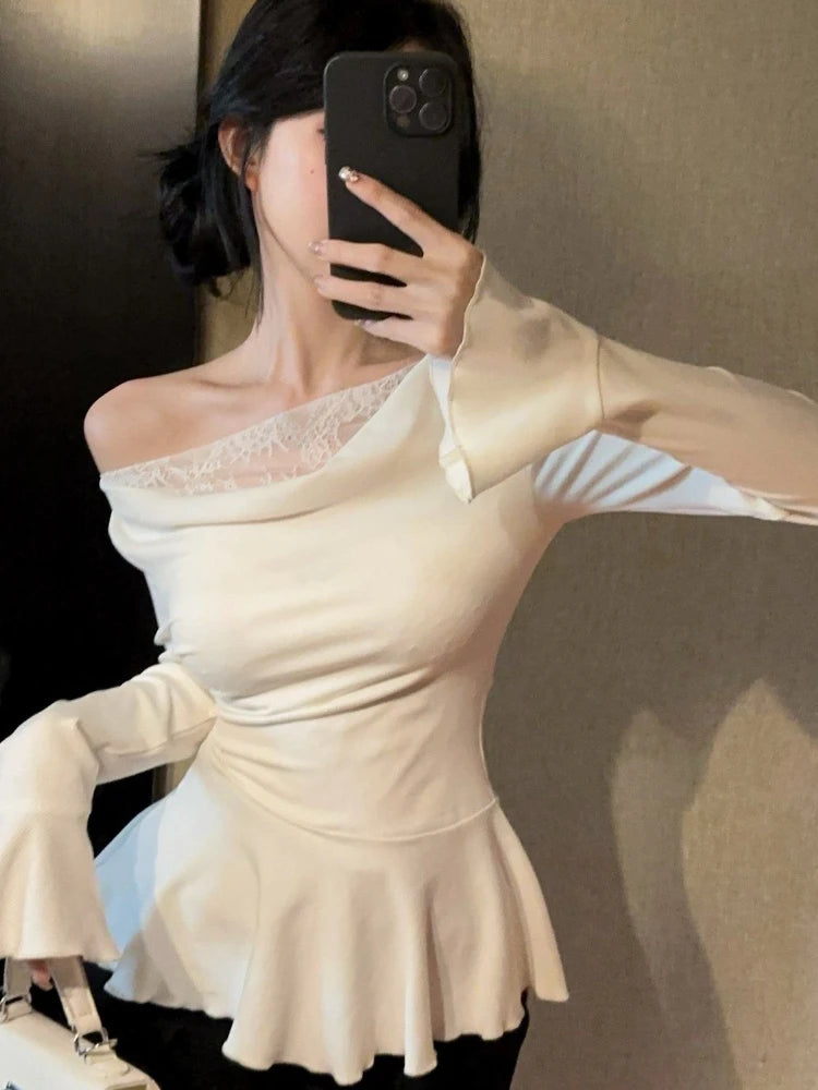 Solid Color Y2K Off-Shoulder Lace Patchwork Top