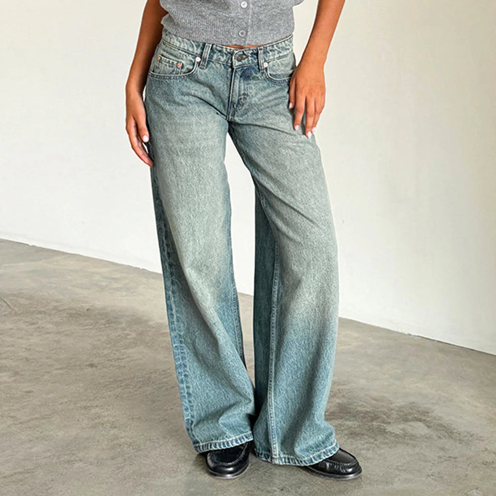 Y2K Vintage Zipper Button Low-Waist Baggy Jeans