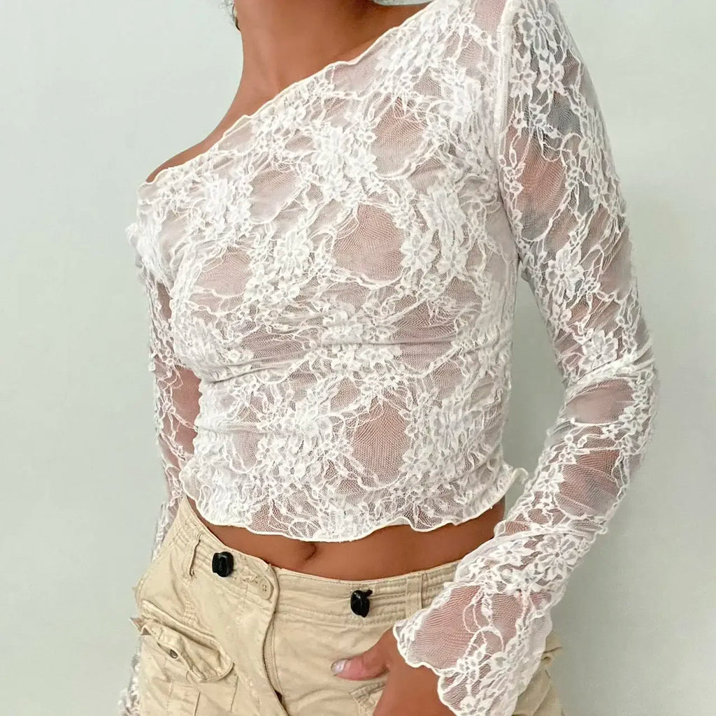 Y2K Floral Lace Off-Shoulder Crop Top