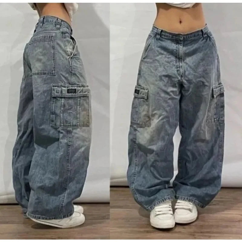Y2K Blue Washed Embroidered Baggy Jeans