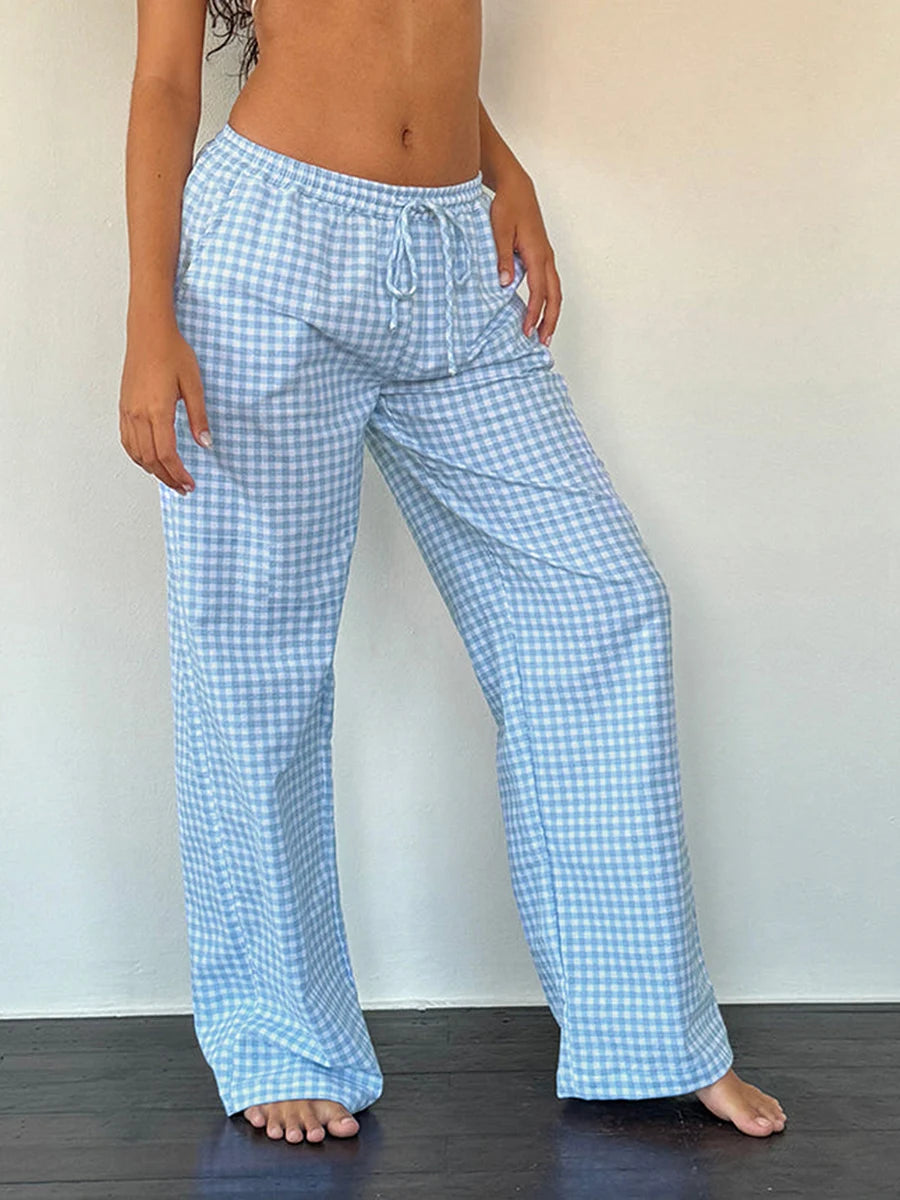 Plaid & Solid Color Wide-Leg Drawstring Pants
