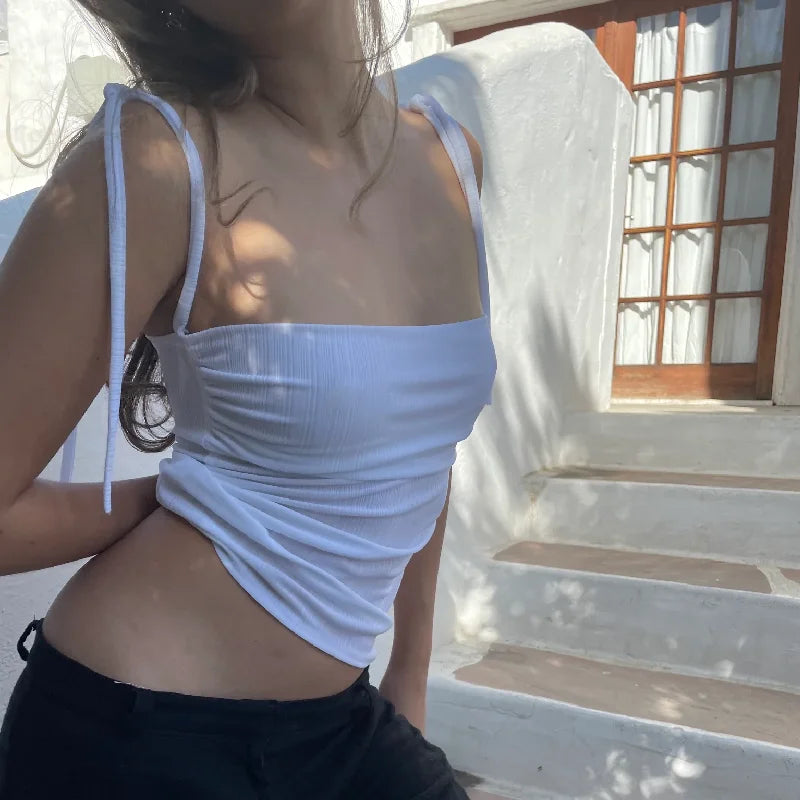 White Ribbed Lace-Up Off-Shoulder Tank Top