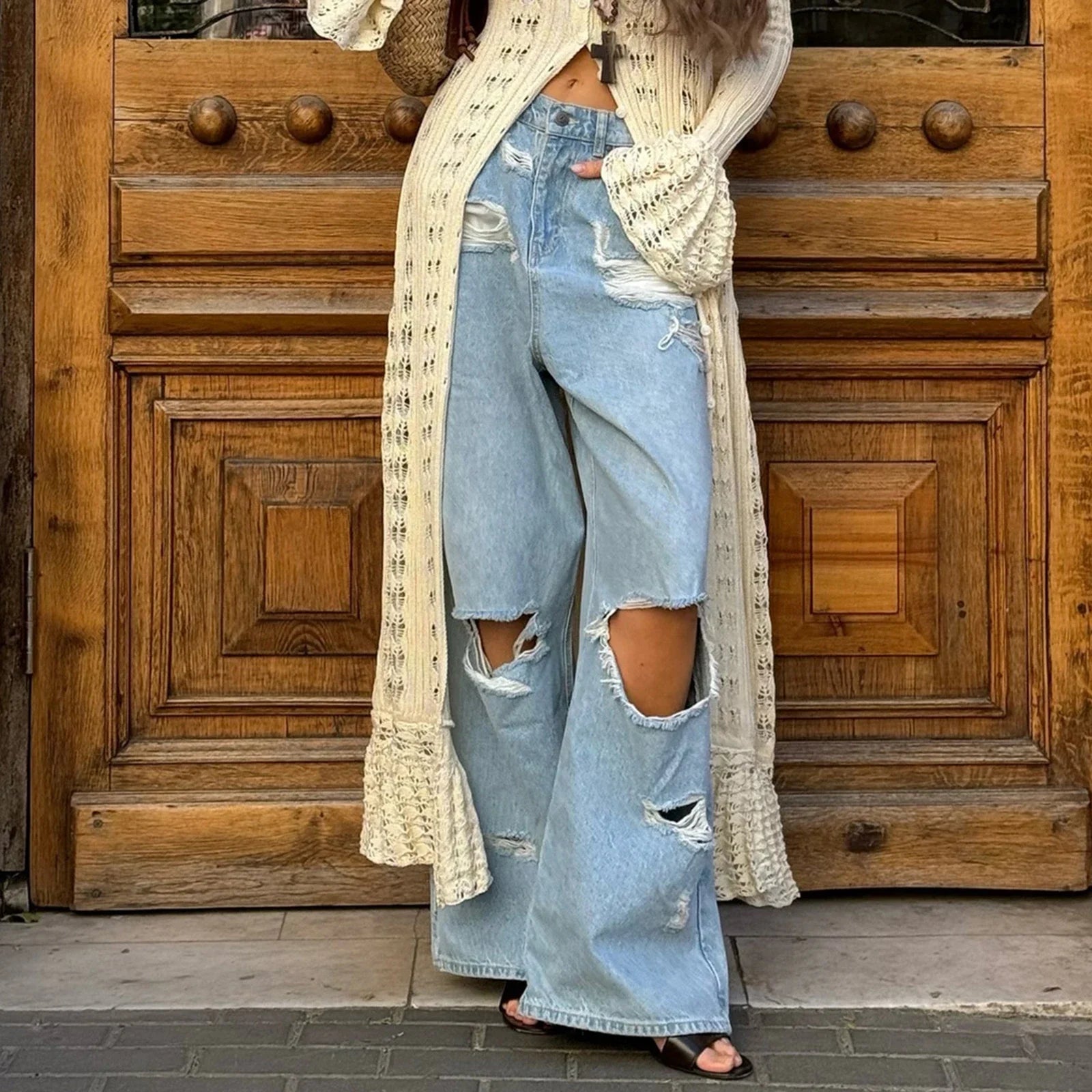 Low-Rise Ripped Boyfriend Flare Jeans