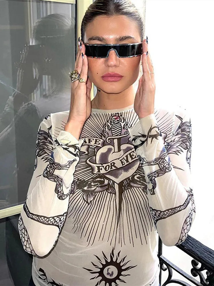 Summer Fashion Round Neck Long Sleeve Graphic T-Shirt