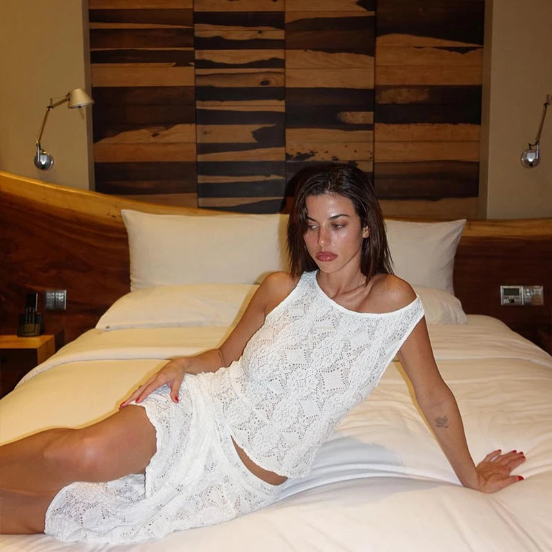 Sleeveless Lace Top & White Skirt Set