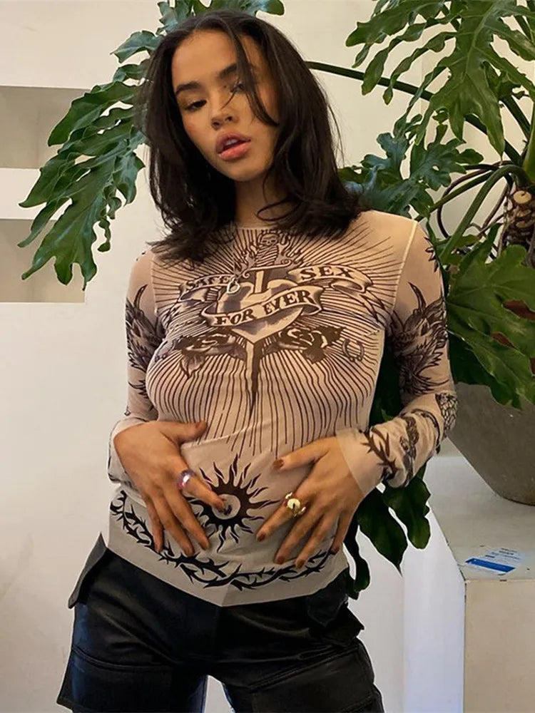 Summer Fashion Round Neck Long Sleeve Graphic T-Shirt