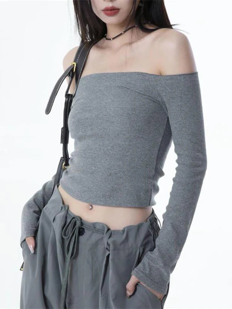 Black Slash Neck Off-Shoulder Crop Top