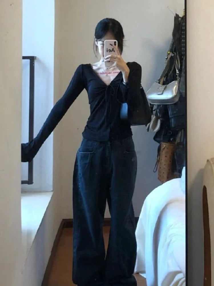 V-Neck Bandage Slim Fit Long Sleeve Top