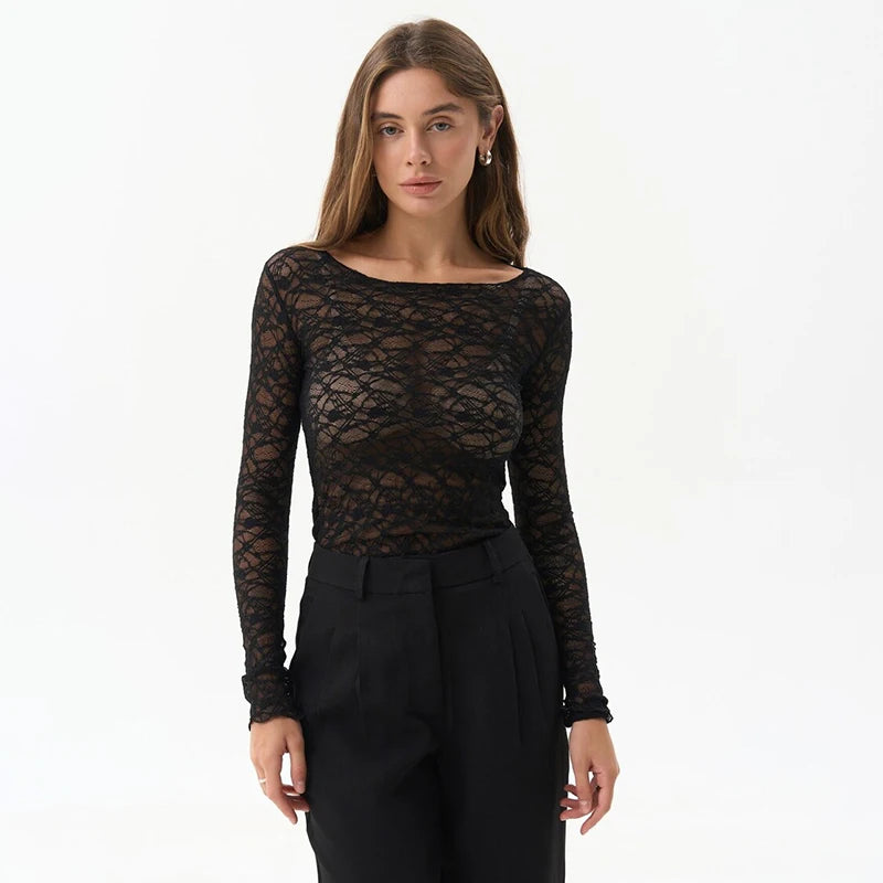 Lace Hollow-Out See-Through Long Sleeve Top