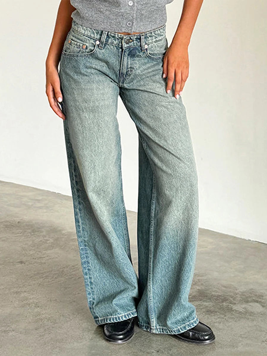 Y2K Vintage Zipper Button Low-Waist Baggy Jeans