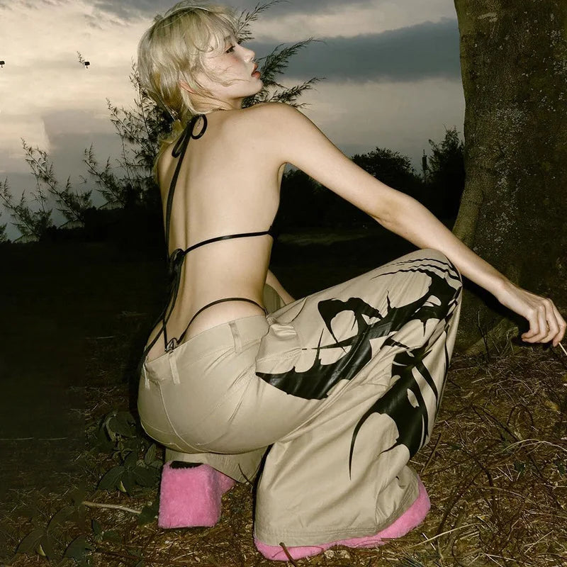 Vintage Ink Print Baggy Cargo Pants