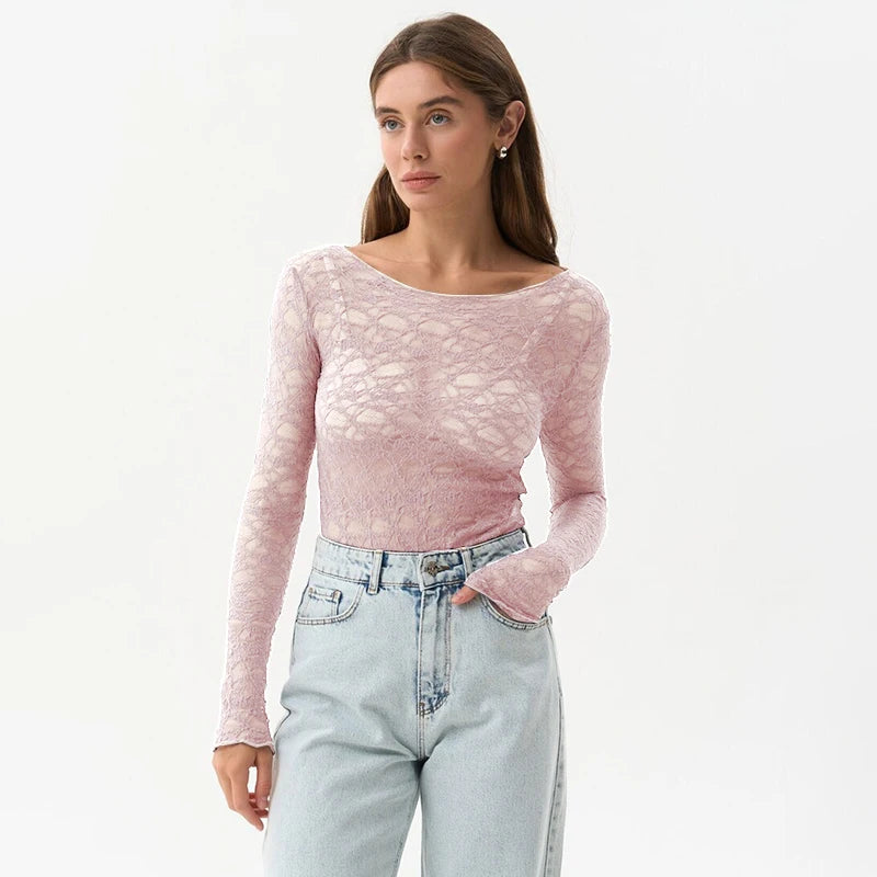 Lace Hollow-Out See-Through Long Sleeve Top