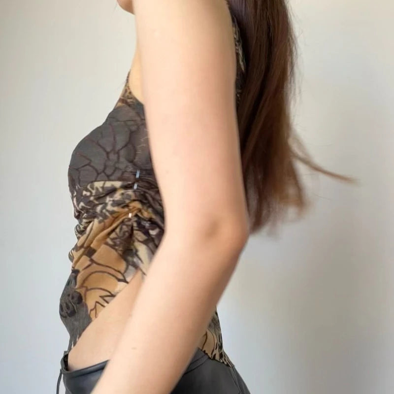 Vintage Oblique Collar Off-Shoulder Print Tank Top