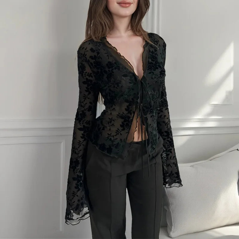 Lace Flare Sleeve V-Neck See-Through Top