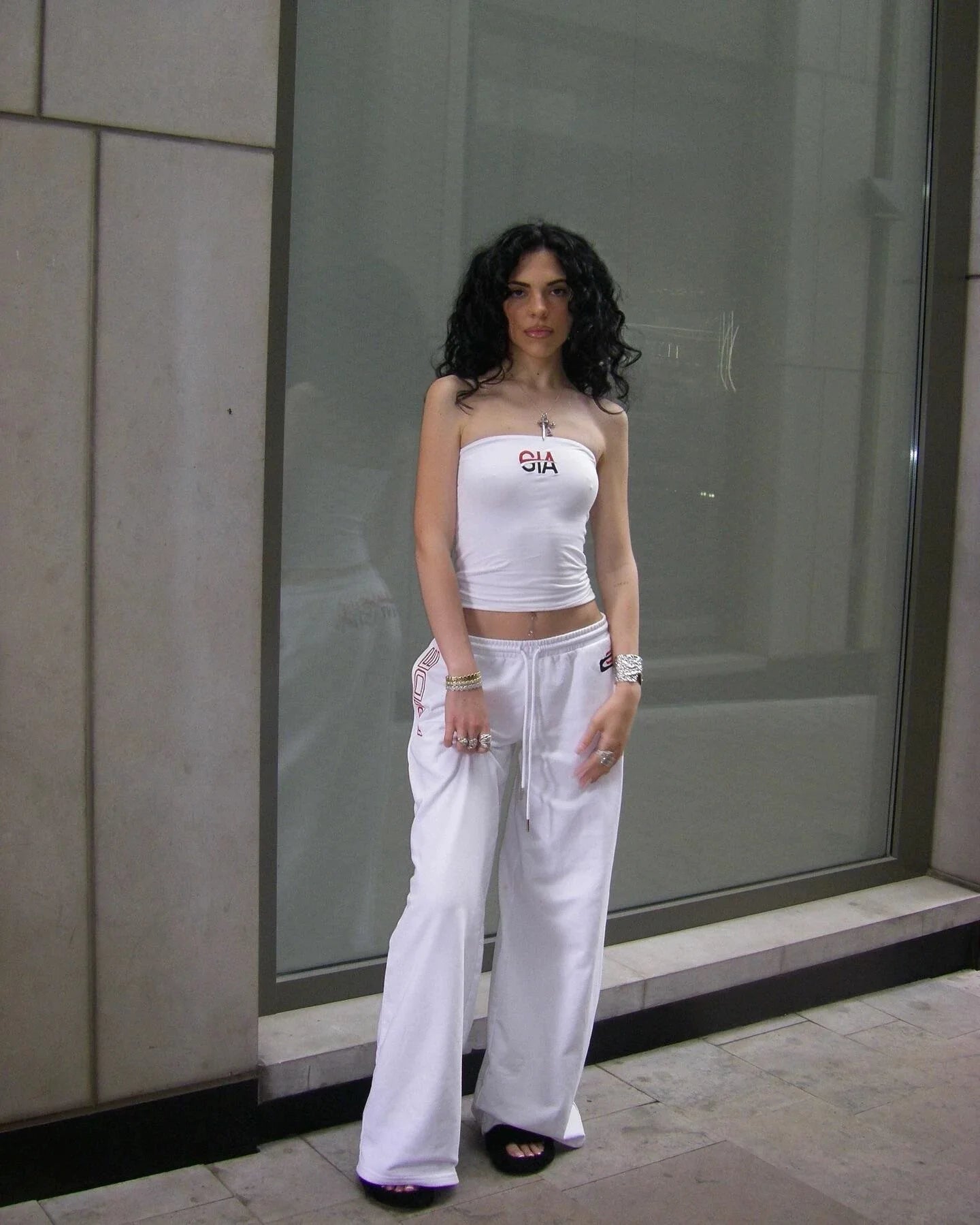 White Strapless Top & Embroidered Low-Rise Sweatpants