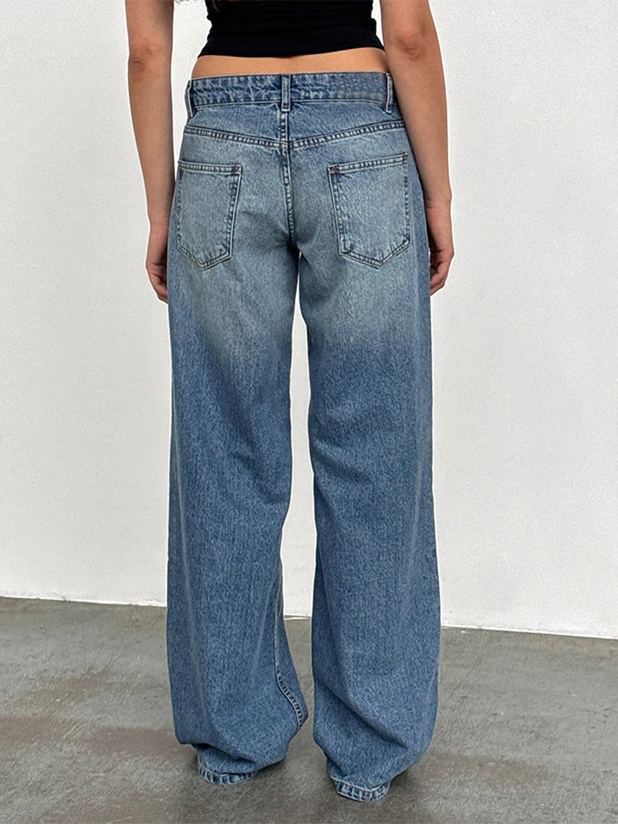 Y2K Vintage Zipper Button Low-Waist Baggy Jeans