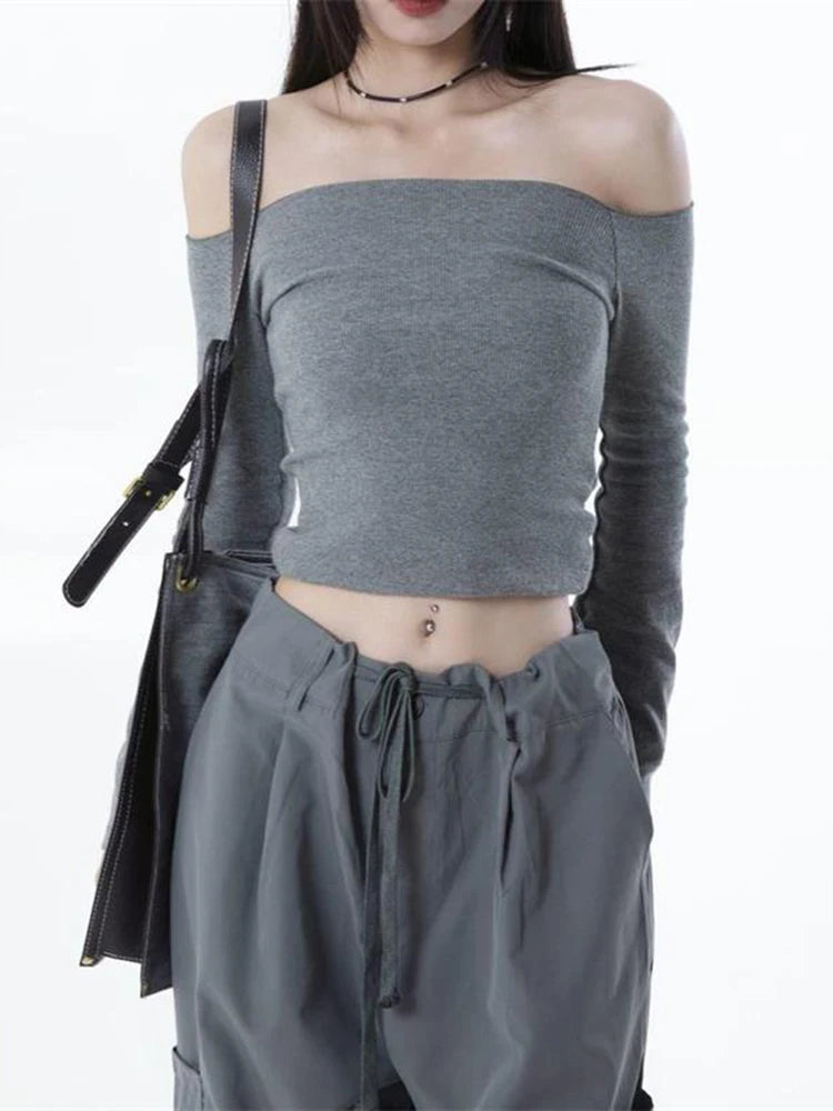 Black Slash Neck Off-Shoulder Crop Top