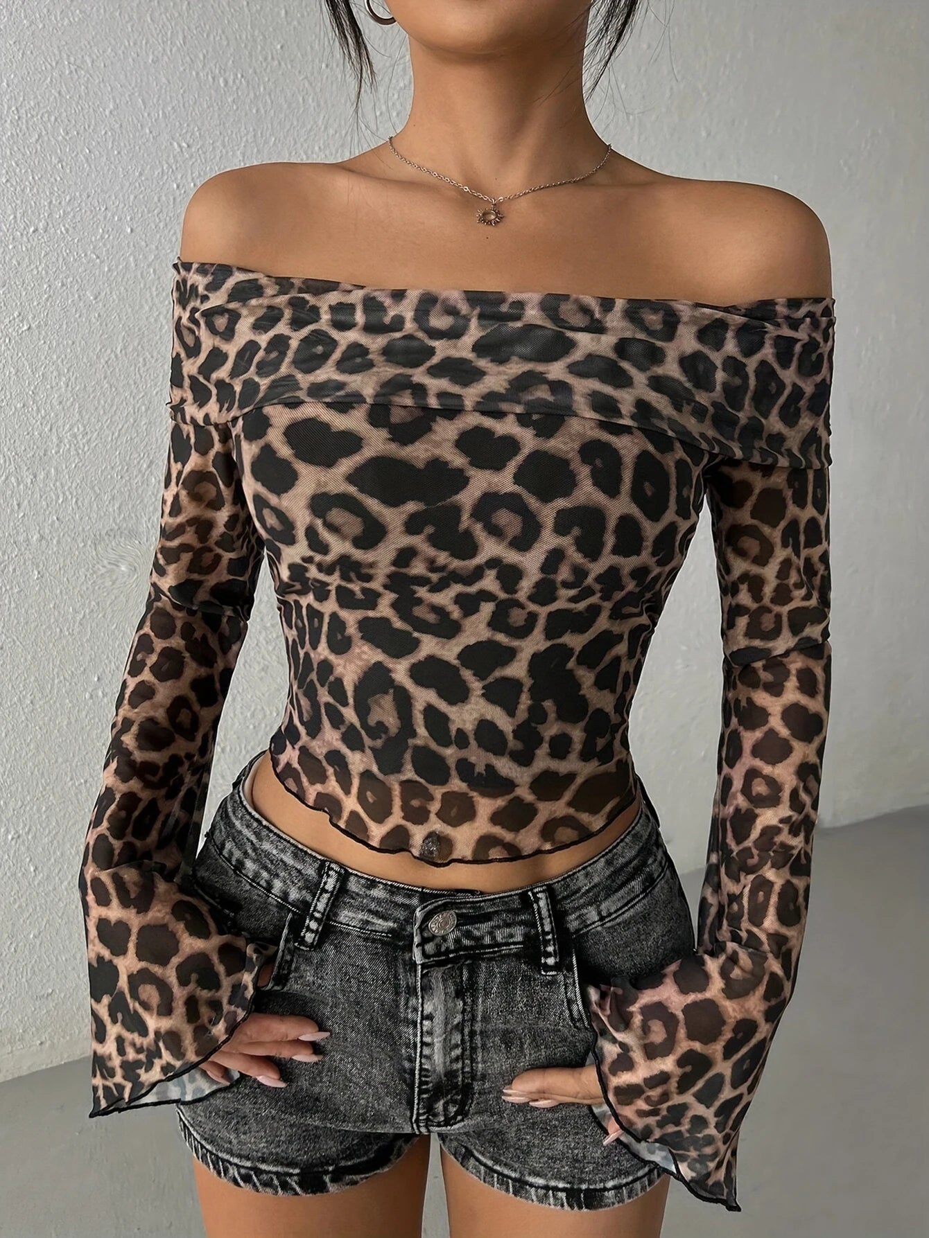 Leopard Print Slash Neck Crop Top