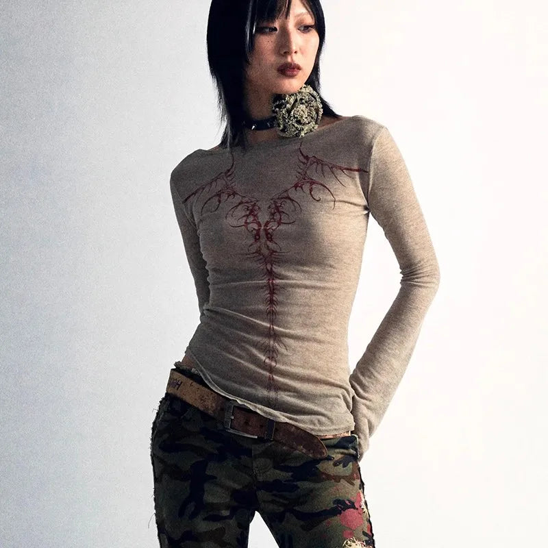 Grunge Tattoo Print Knitted Irregular Tee