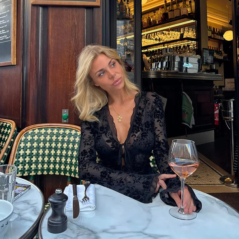 Lace Flare Sleeve V-Neck See-Through Top