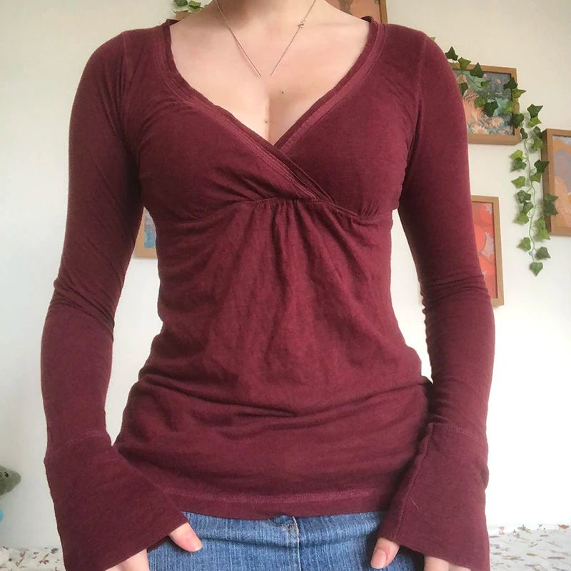 Grunge Burgundy V-Neck Long Sleeve Tee