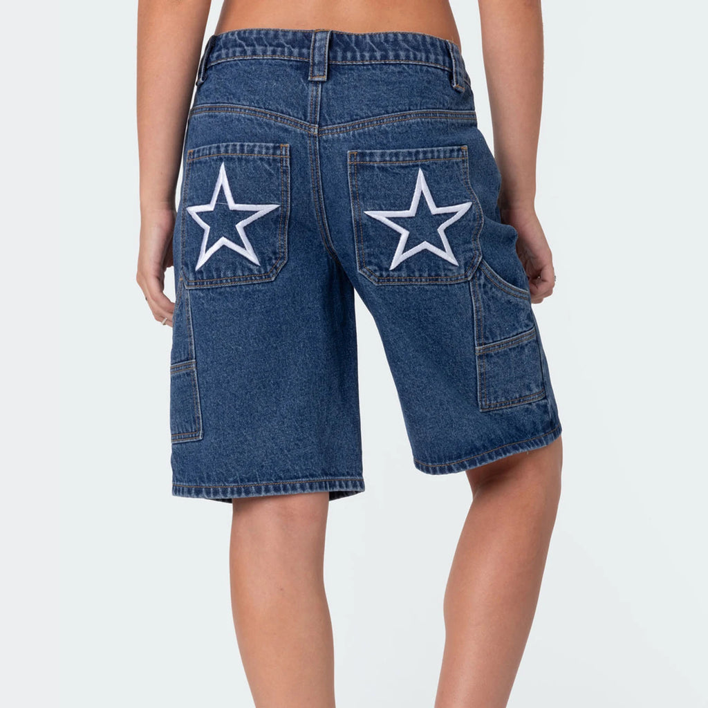 Summer Star Print Denim Knee-Length Jean Shorts