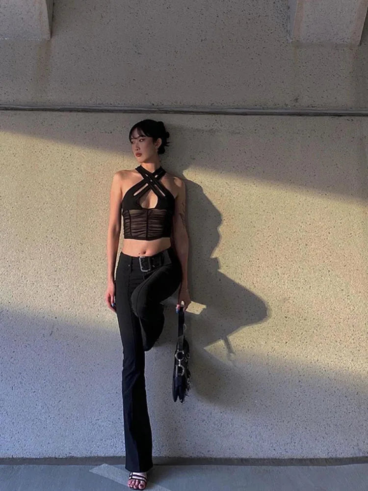 Y2K Hollow Ruched Mesh Halter Tank Top