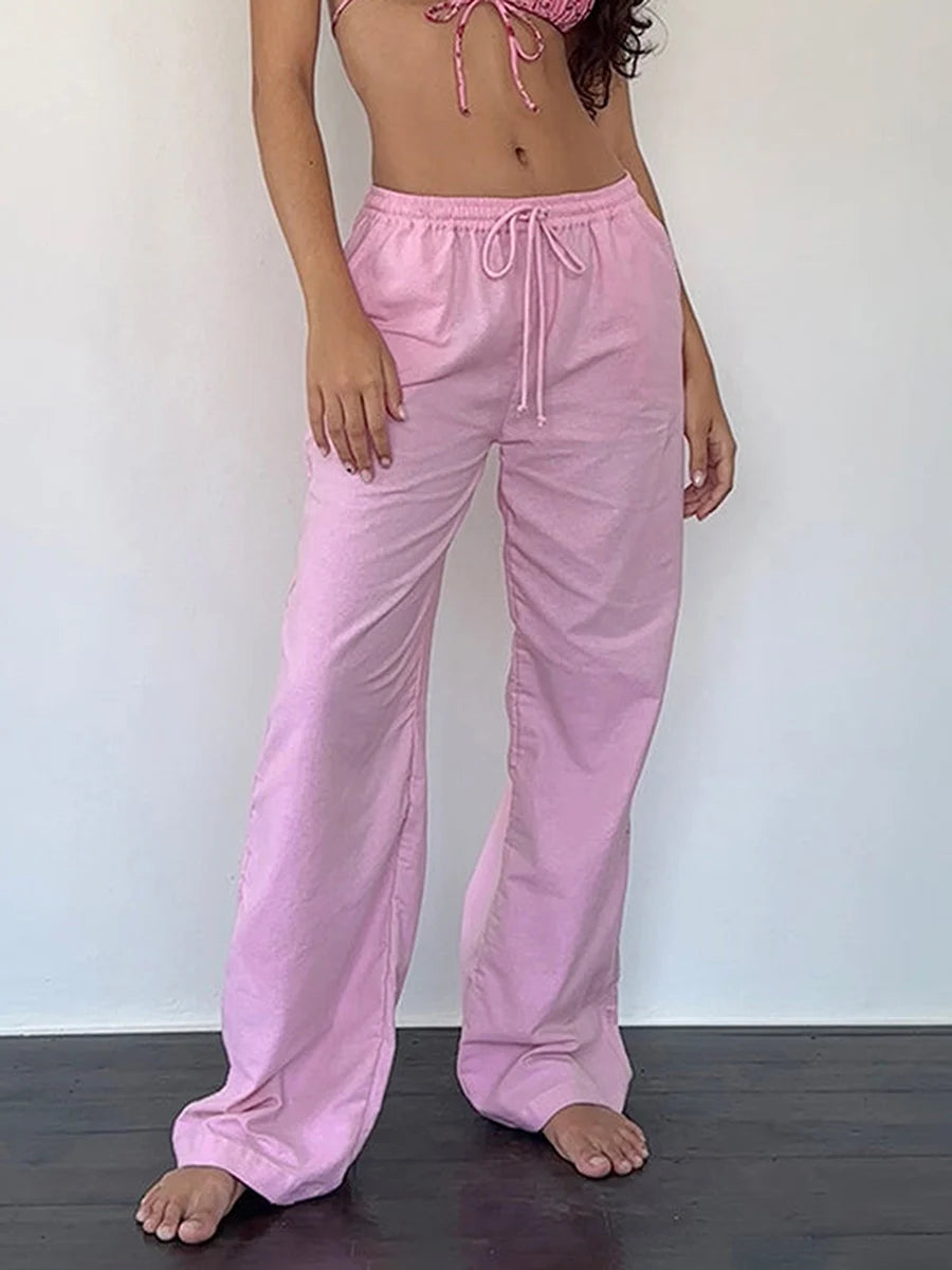 Plaid & Solid Color Wide-Leg Drawstring Pants