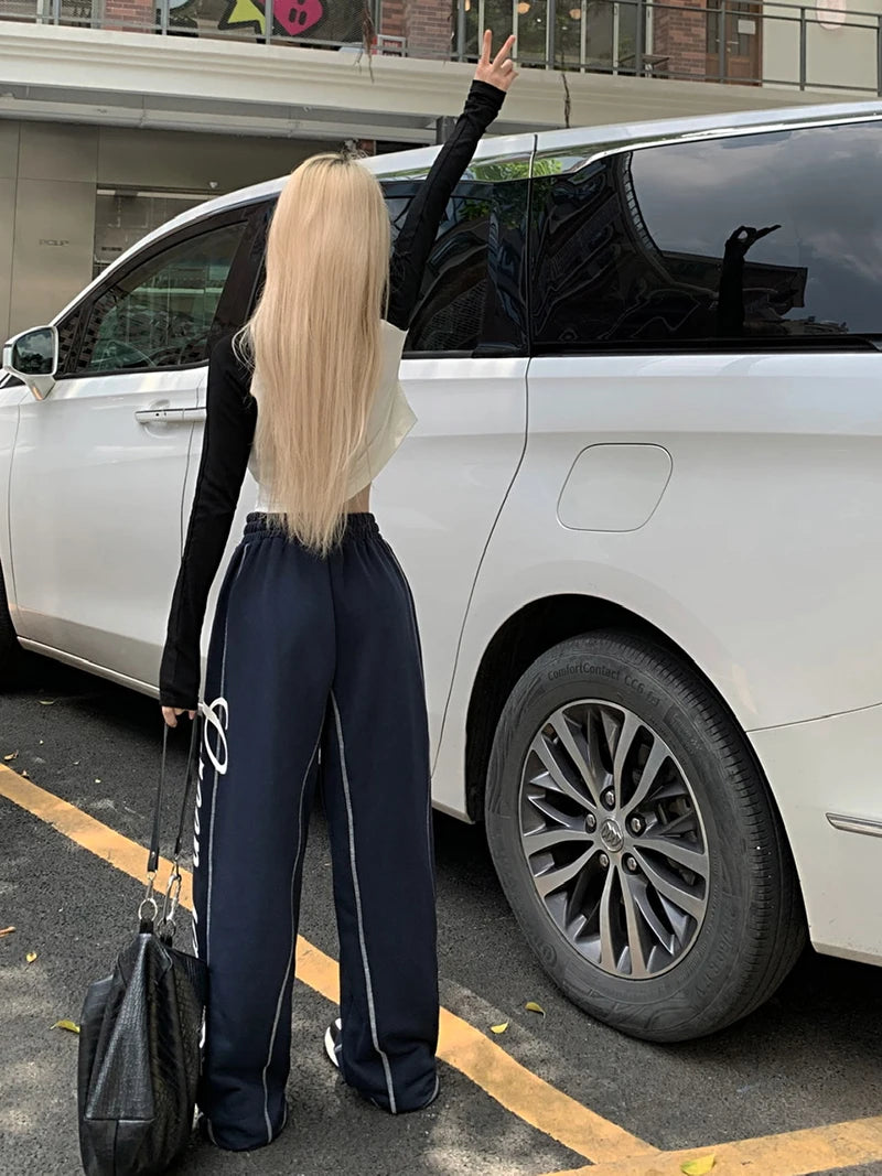 Vintage Letter Print Wide-Leg Joggers