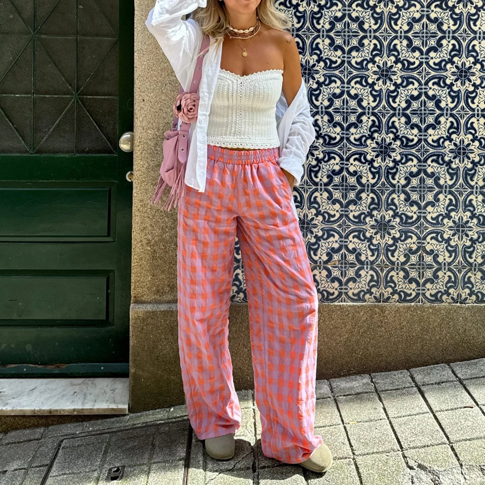 Vintage Plaid Print High-Waist Wide-Leg Pants