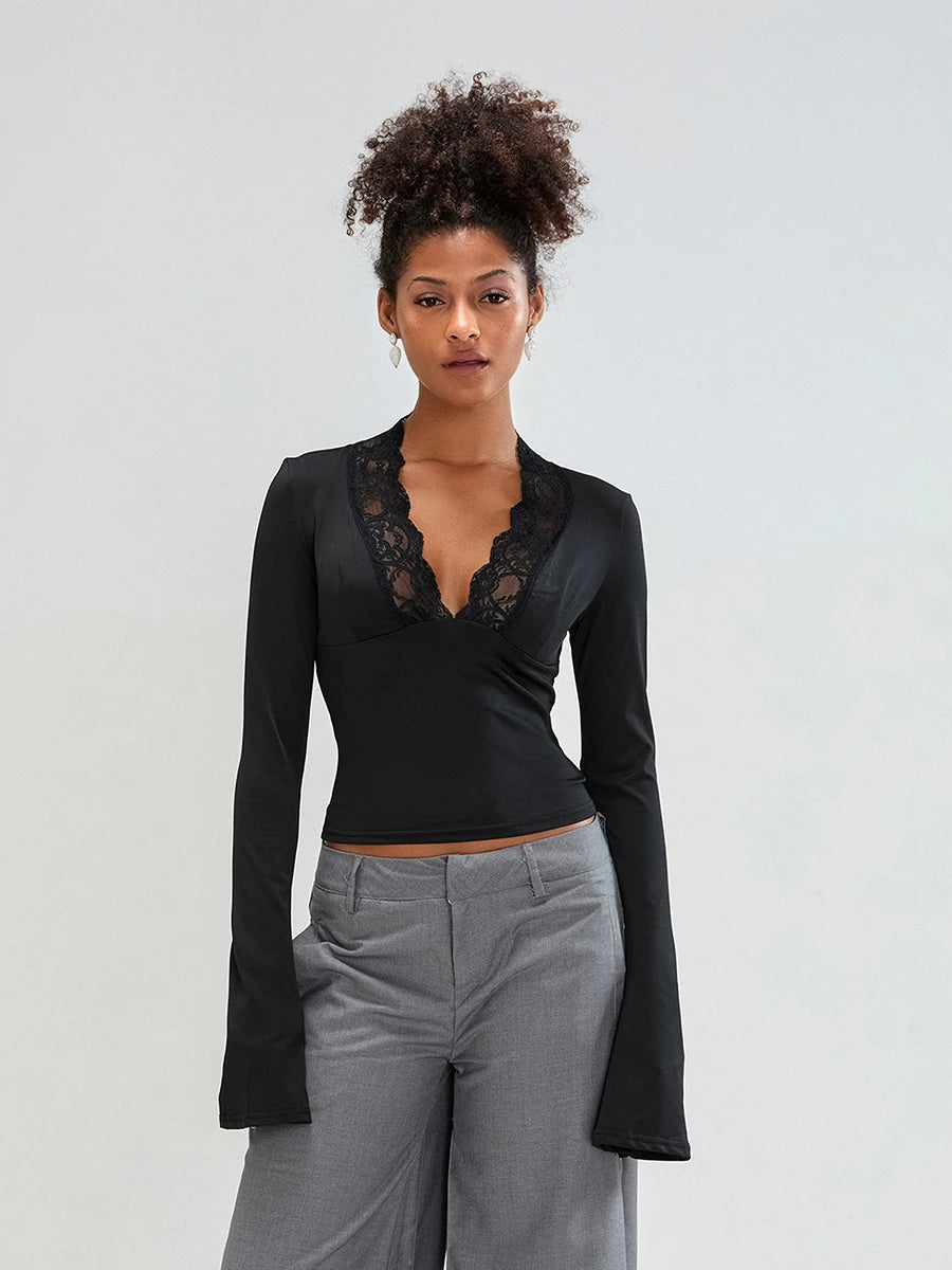 Elegant V-Neck Lace Patchwork Flared Sleeve Top