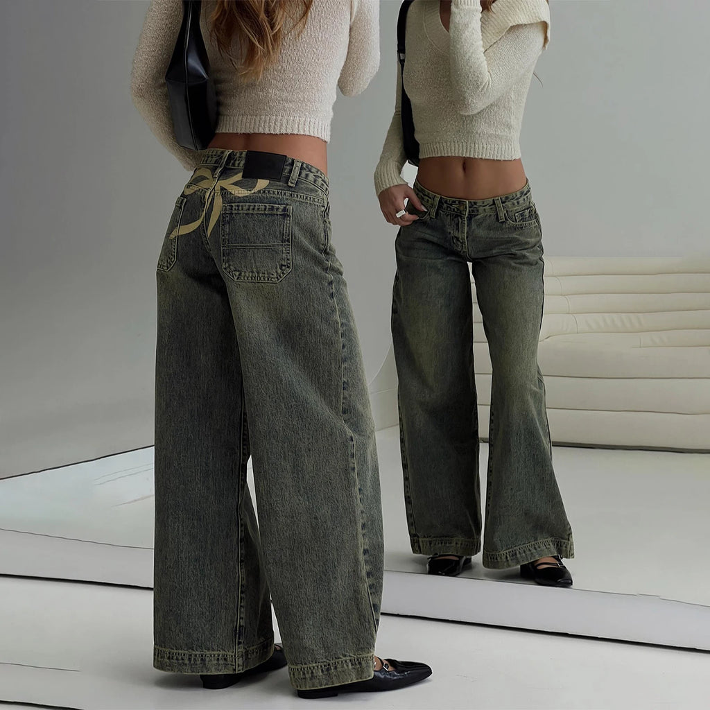 Vintage Loose Fit Bow-Print Wide Leg Jeans